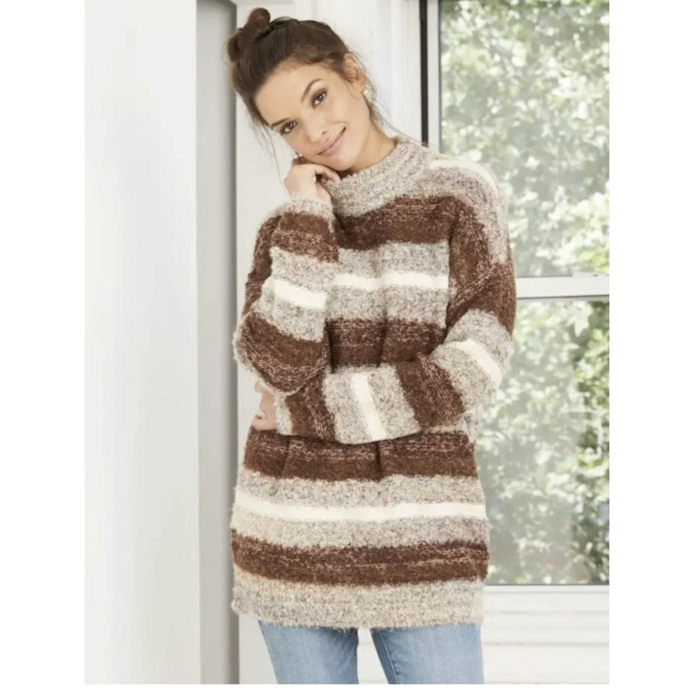 Universal Thread Sweater NWT Size L Brown Tan Striped Fuzzy Tunic Mock‎ neck